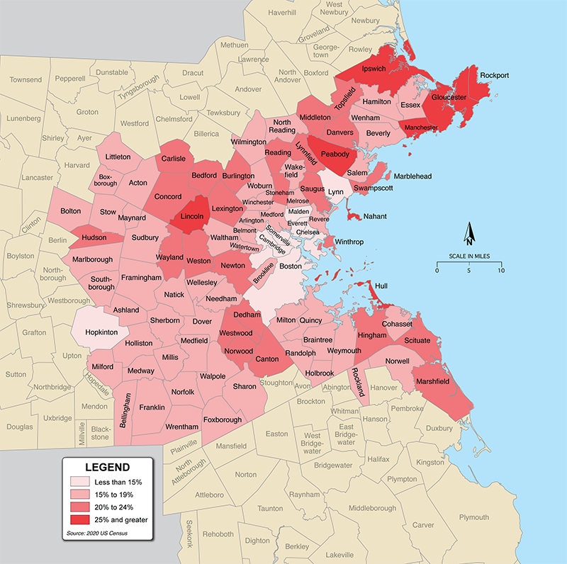 Figure 3-2 is a map that shows the percent of the population in the Boston region that is
aged 65 or older, by municipality.